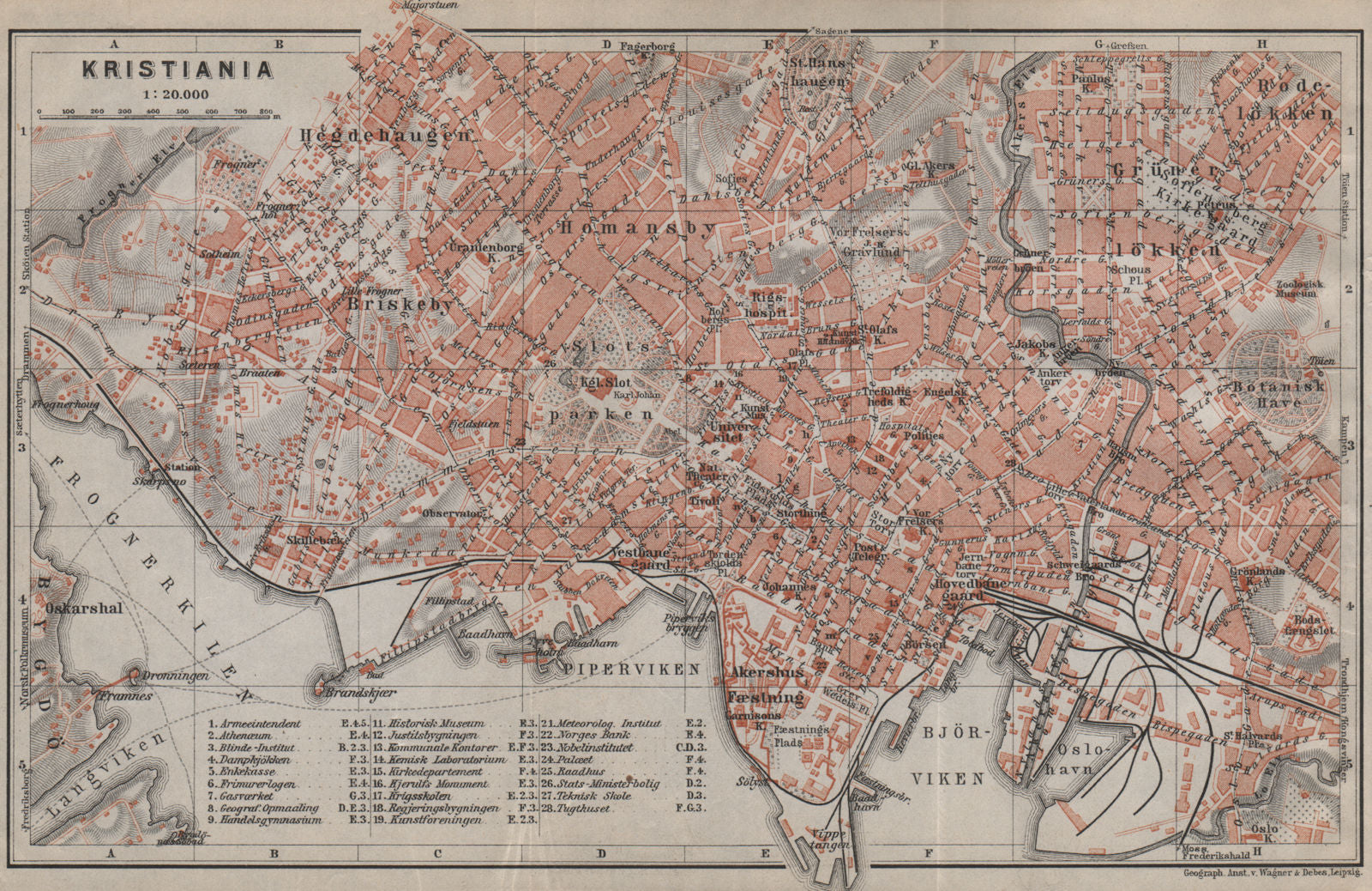 CHRISTIANIA (OSLO) antique town city byplan. Norway kart. BAEDEKER 1912 map